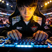 Faker选手肖像 - 英雄联盟传奇中单选手Faker正在比赛中专注操作